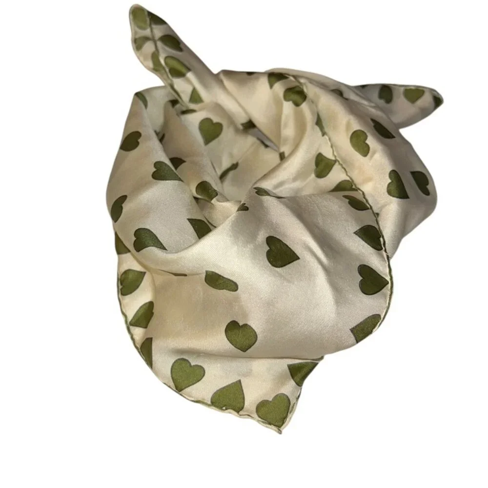 Vintage 100% silk hand rolled sewn green heart print scarf